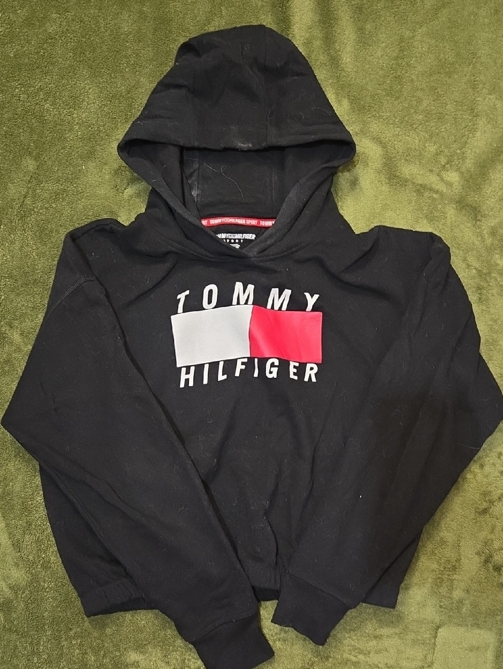 Tommy Hilfiger Black Pullover Hoodie with Red & White Flag